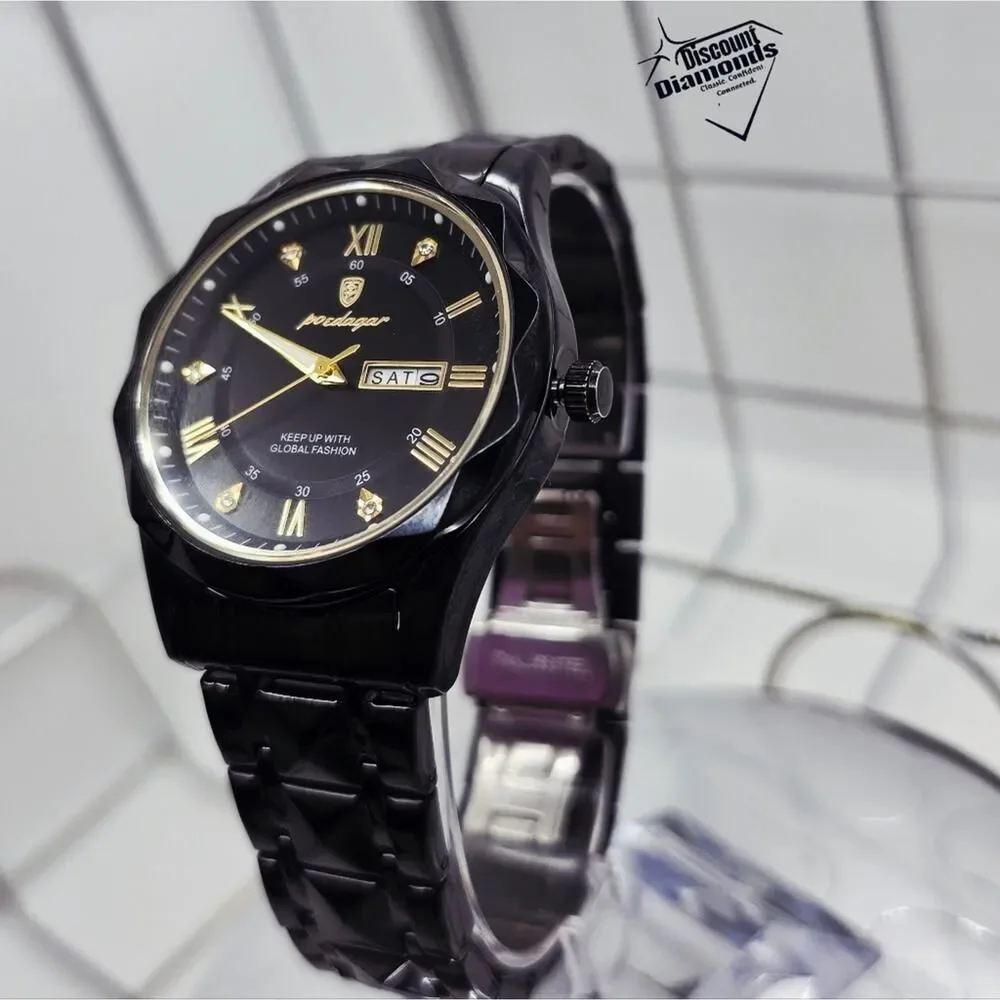 Men's Black Face & Band with Gold Hands Poedagar Quartz Watch Stainless Steel